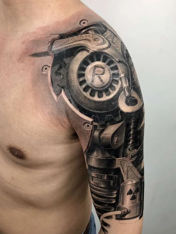 male black and grey biomechanical татуировка на full sleeve #22459 | Тату мастер Heng Yue（岳阳新刺客)