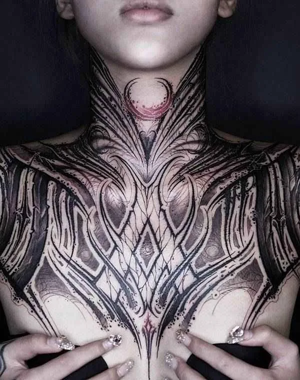 female black and grey blackwork 타투 부위 chest #19677 | 타투이스트 YZTATTOO BBK