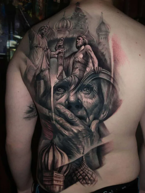 black and grey realism татуировка на full back #21191 | Тату мастер Jayden Pengilly
