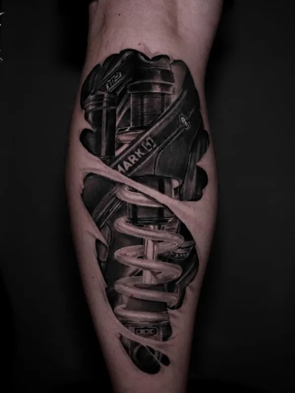 black and grey biomechanical tattoo on calf #49369 | Tattoo Artist Алексей Евгеньевич
