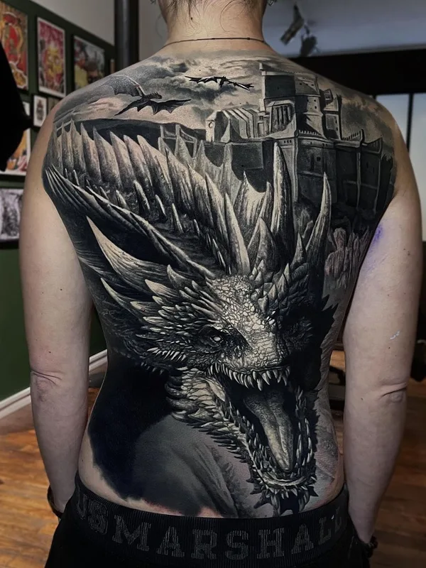black and grey realism татуировка на full back #63758 | Тату мастер Egon Weissberger