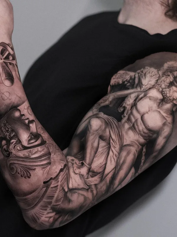 men black&gray realism, engraving Tatuagem em sleeve, arm #63821 | Tatuador @claytattoos
