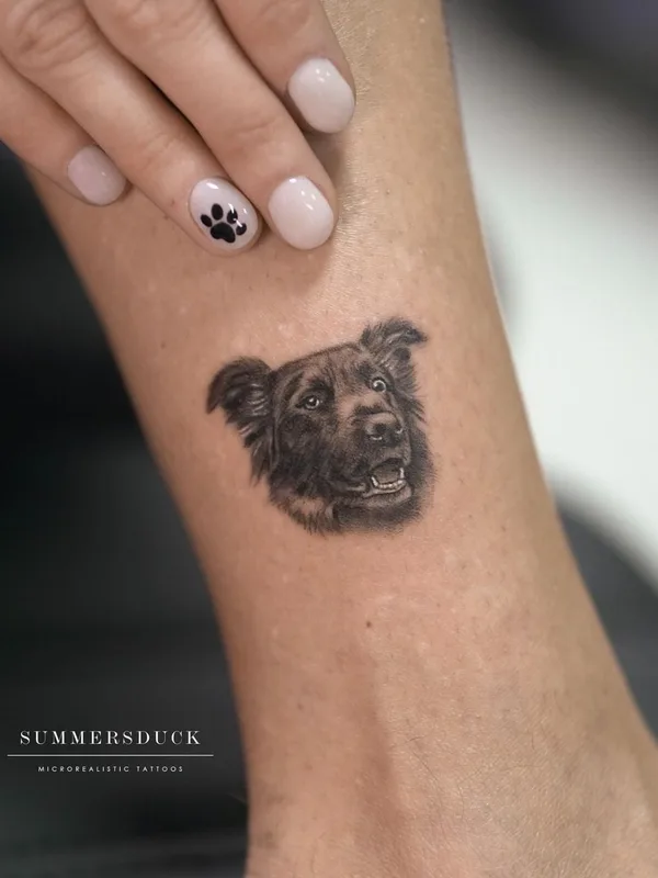 female black&gray animal, microrealism, pet tattoo on forehand #63852 | Tattoo Artist Анна Селезнева