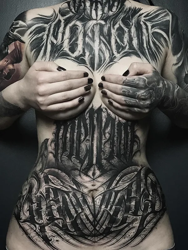 female black ornamental, lettering, blackwork Tatuagem em neck, chest, stomach #29956 | Tatuador Станислав Громов