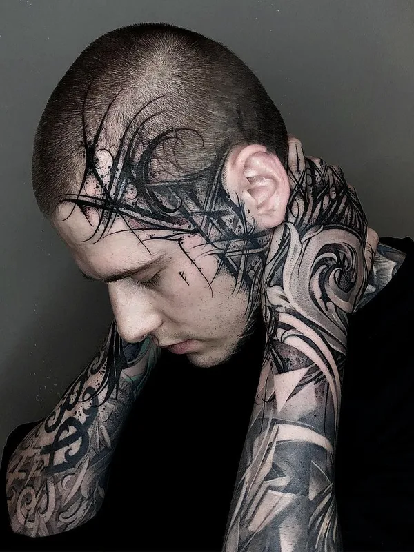 men black ornamental, lettering, blackwork Tatuagem em head #29964 | Tatuador Станислав Громов