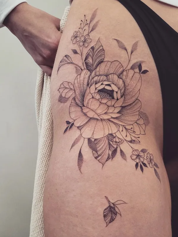 female black and grey linework tattoo on thigh #67479 | Tattoo Artist moonchild_tattooing