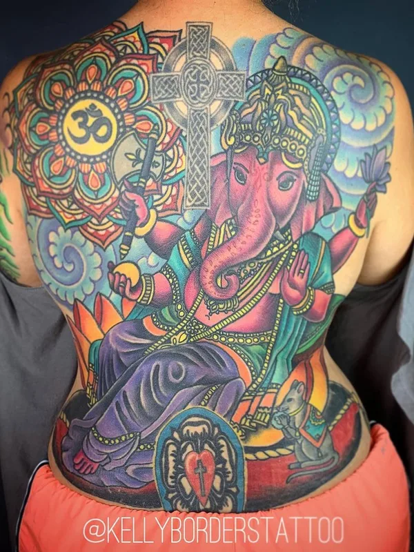 female color illustrative tatuaje en full back #40457 | Tatuador Kelly Borders