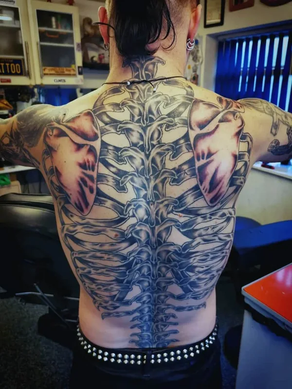 black and grey biomechanical tattoo on full back #69887 | Tattoo Artist John Tattooist