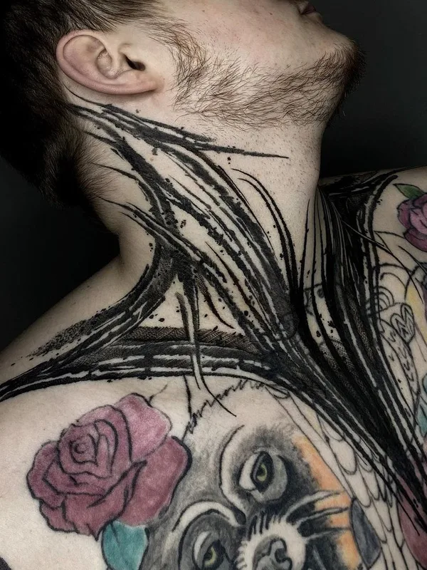 male black and grey blackwork tattoo on neck #40884 | Tattoo Artist Егор Немшевич