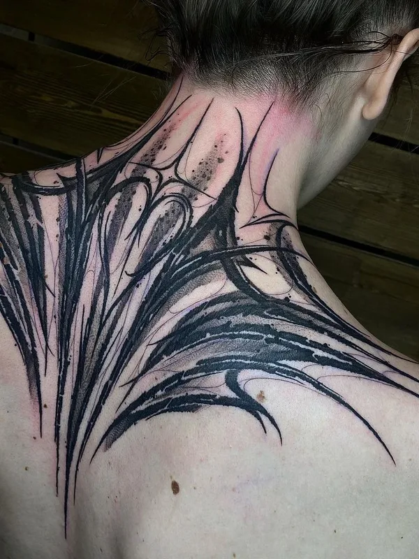 female black and grey abstract tattoo on upper back #40892 | Tattoo Artist Егор Немшевич