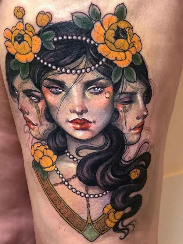female color illustrative tattoo on thigh #20286 | Tattoo Artist Hannah Flowers