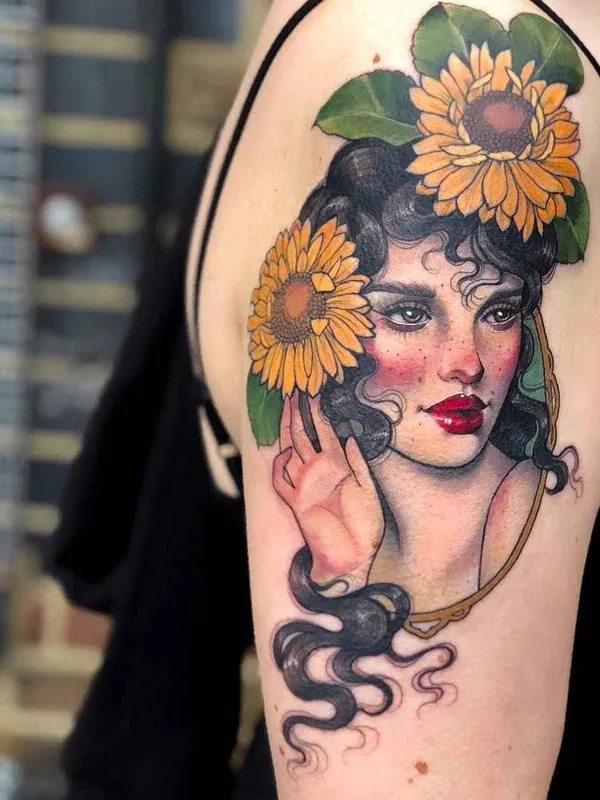 female color illustrative tattoo on upper arm #20289 | Tattoo Artist Hannah Flowers