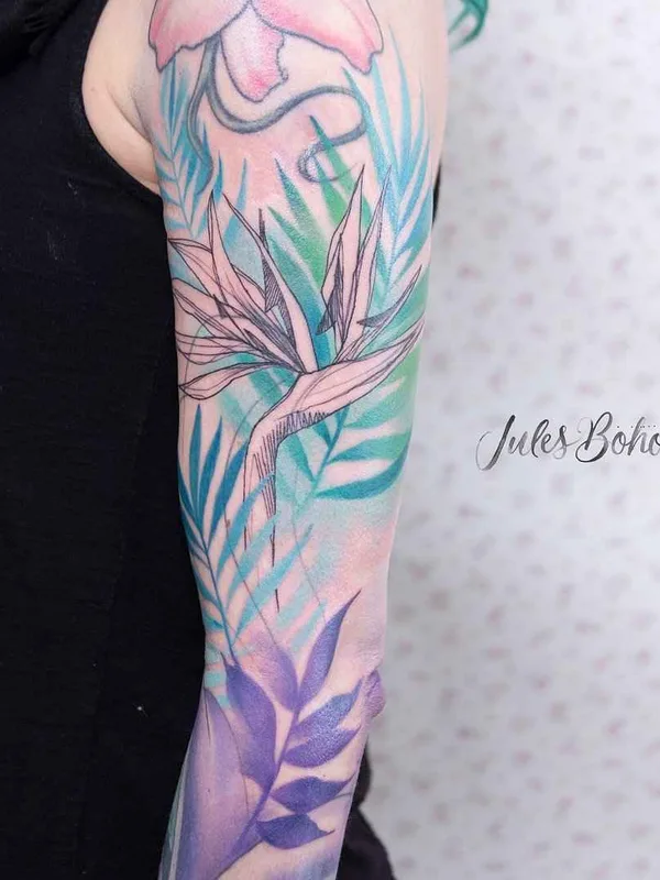 female color watercolor татуировка на full sleeve #19189 | Тату мастер Jules Boho