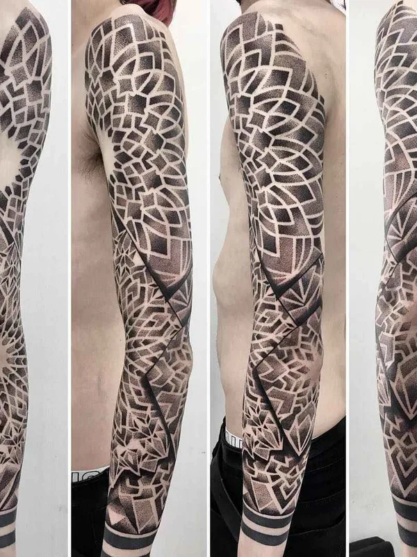 male black and grey geometric tattoo auf full sleeve #19323 | Tätowierer Billy Heil