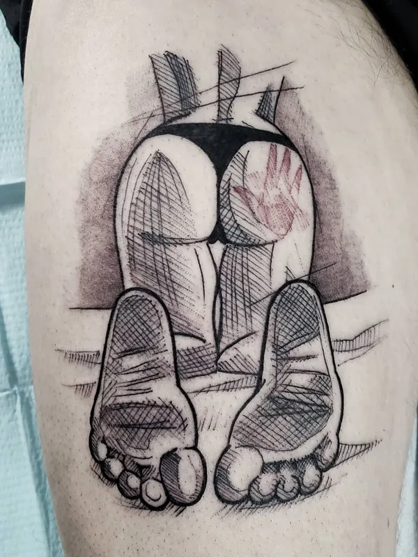 black and grey sketch татуировка на thigh #27746 | Тату мастер Mike Riina