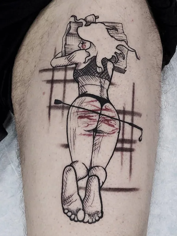 black and grey linework татуировка на thigh #27738 | Тату мастер Mike Riina