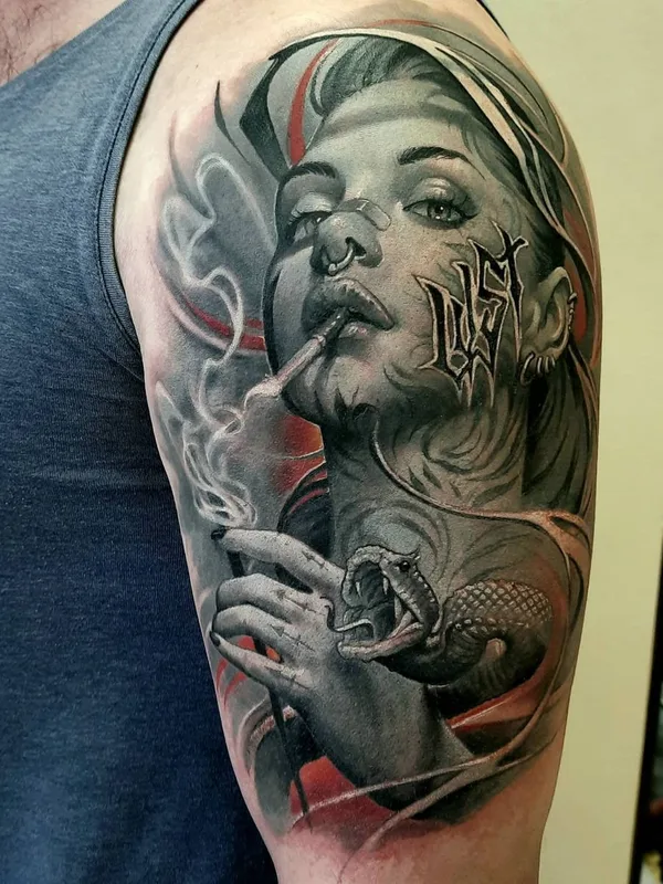 female black and grey realism tattoo auf full sleeve #49475 | Tätowierer Алексей Чайка