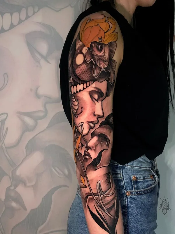 female black and grey realism Tatuaggio su full sleeve #49487 | Tatuatore Сергей Донской