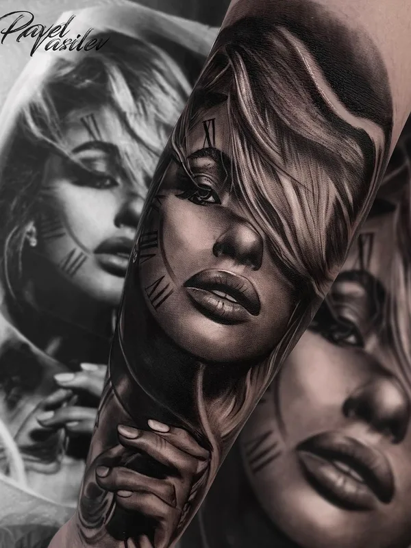 female black and grey realism 纹身 在 forearm #49502 | 纹身师 Павел Васильев