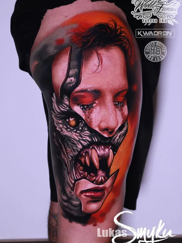 female color realism tattoo on thigh #29379 | Tattoo Artist Lukasz Smyku