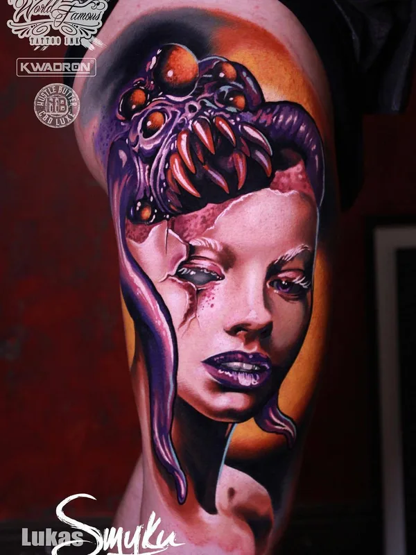 female color realism tattoo on thigh #29376 | Tattoo Artist Lukasz Smyku