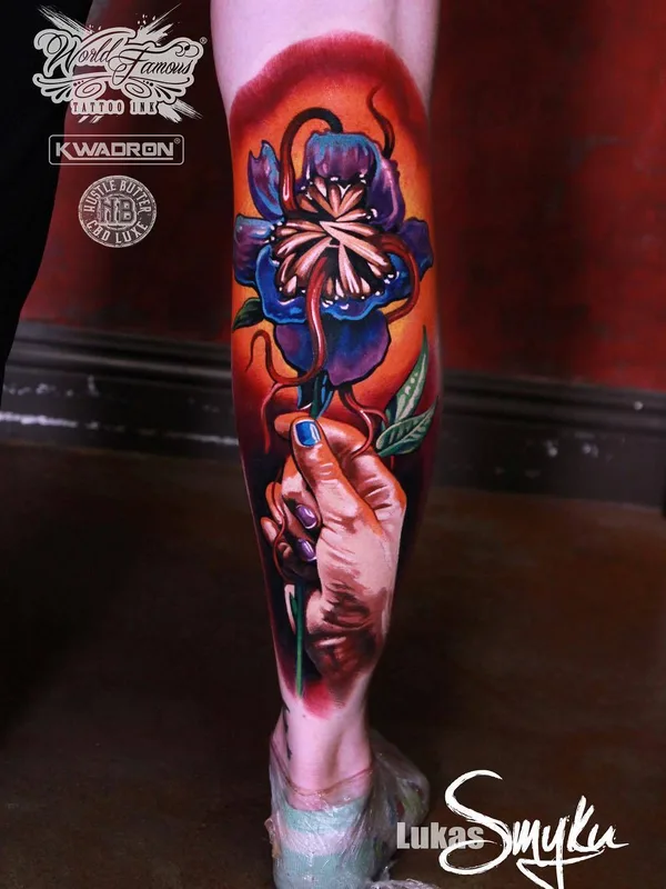 female color realism tattoo on calf #29381 | Tattoo Artist Lukasz Smyku