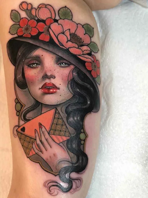 female color neo traditional tattoo on thigh #20291 | Tattoo Artist Hannah Flowers