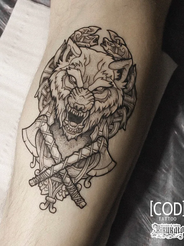 black and grey blackwork татуировка на calf #31544 | Тату мастер IVAN
