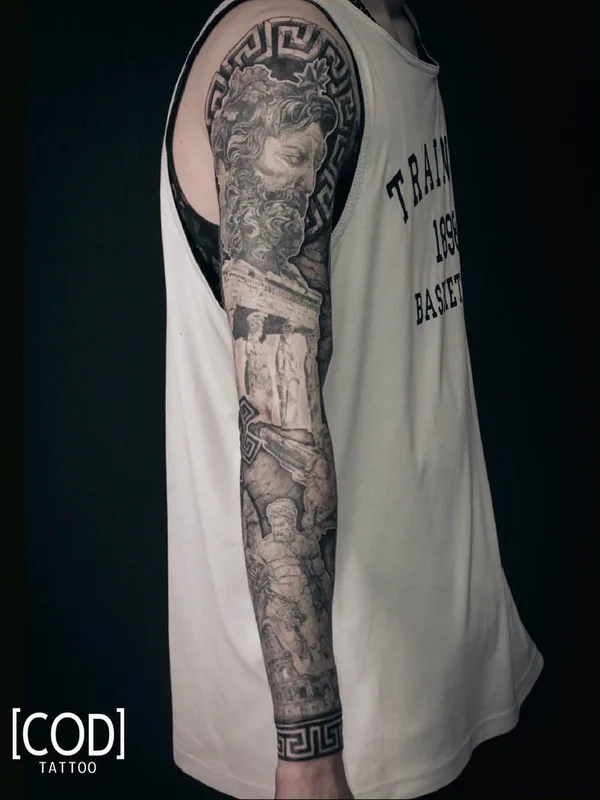 black and grey realism татуировка на full sleeve #31539 | Тату мастер IVAN