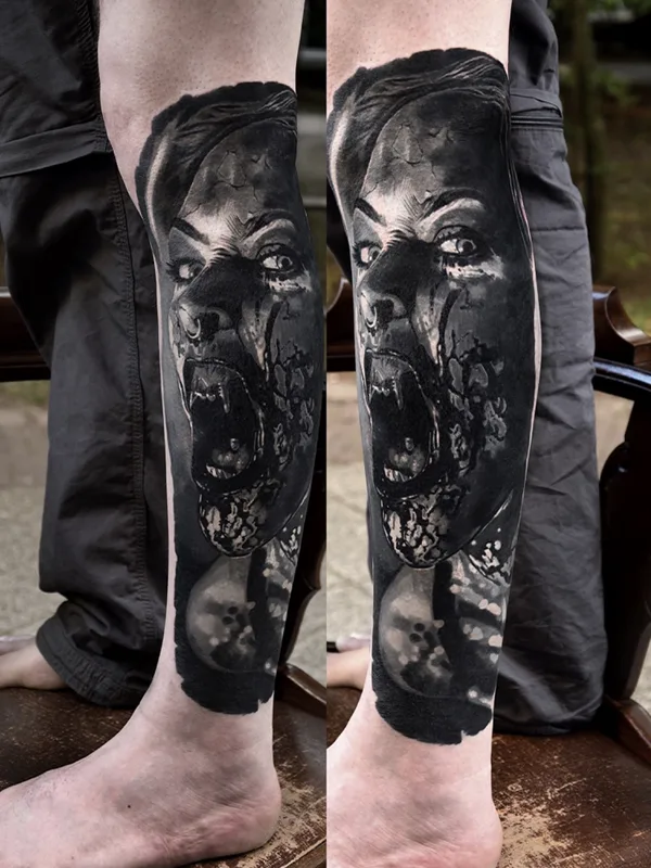 black and grey black and grey Tatuaggio su calf #71775 | Tatuatore Тимофей Никульшин