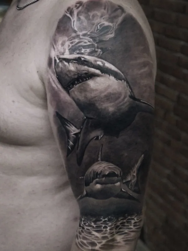 male black and grey realism Tatuaggio su full sleeve #71776 | Tatuatore Тимофей Никульшин