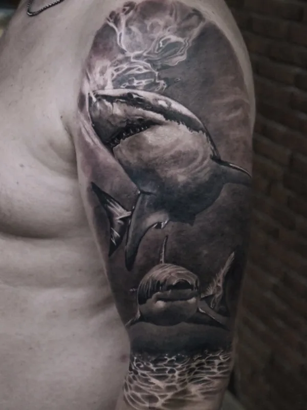 male black and grey realism tattoo auf full sleeve #71809 | Tätowierer Timofey Nikulshyn 