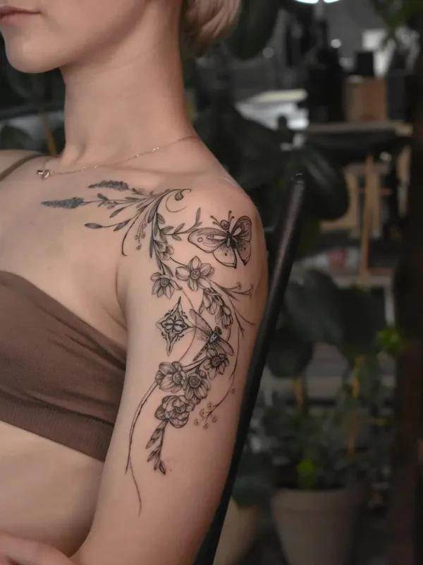 female black and grey fineline tatouage sur shoulder #57974 | Artiste tatoueur Victoryaa Tattoo