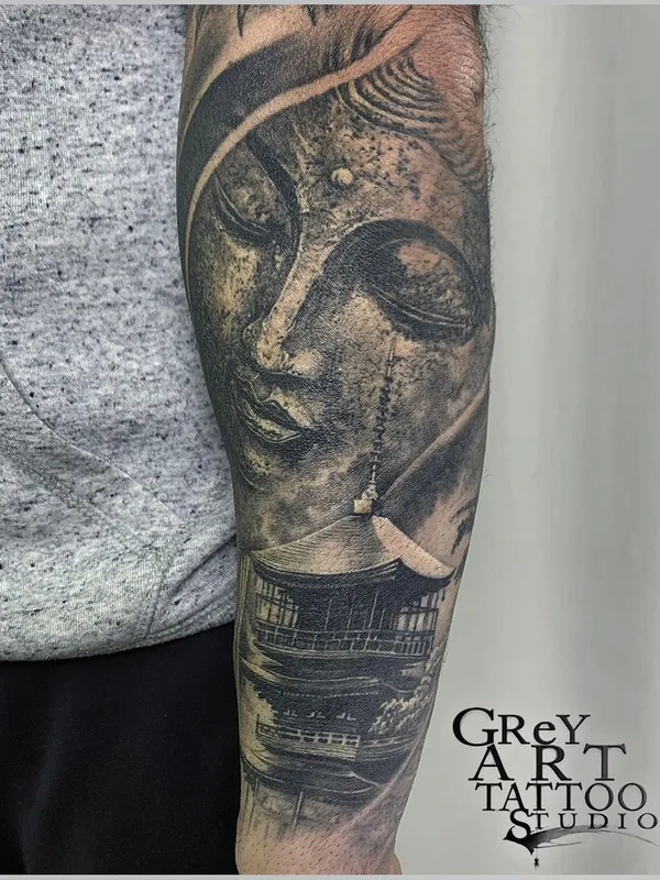 black and grey japanese tattoo auf full sleeve #58052 | Tätowierer Aleksandr Khartsyz