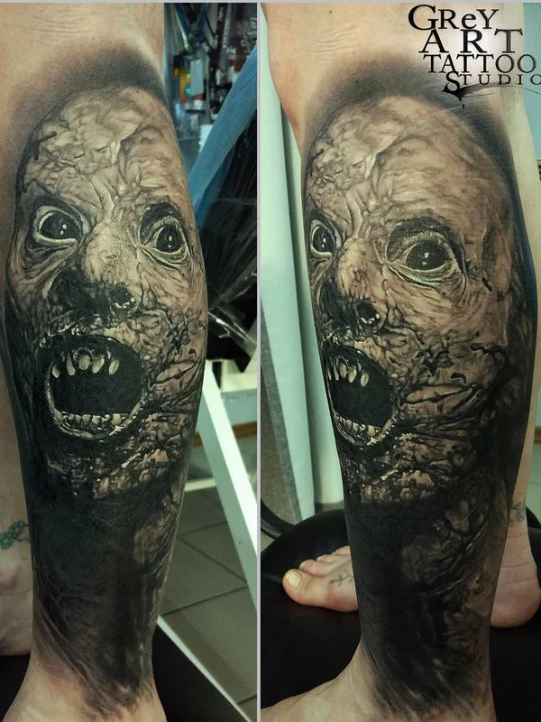 black and grey realism tattoo auf calf #58055 | Tätowierer Aleksandr Khartsyz