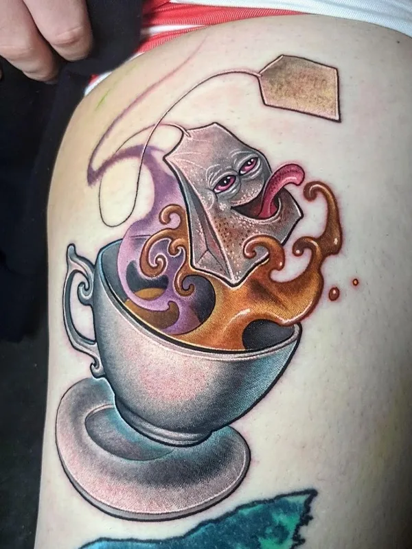 color illustrative tatouage sur thigh #46374 | Artiste tatoueur Archie Bronson