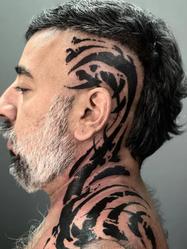 male black blackwork tattoo on neck #46420 | Tattoo Artist El Cuero Miller 