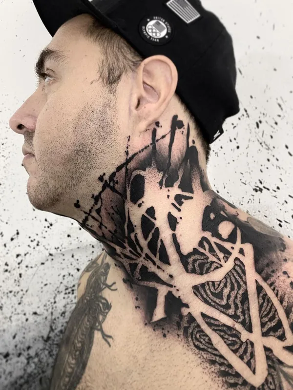male black blackwork tattoo on neck #46415 | Tattoo Artist El Cuero Miller 