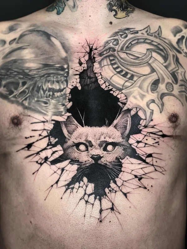male black and grey blackwork tattoo on chest #46419 | Tattoo Artist El Cuero Miller 