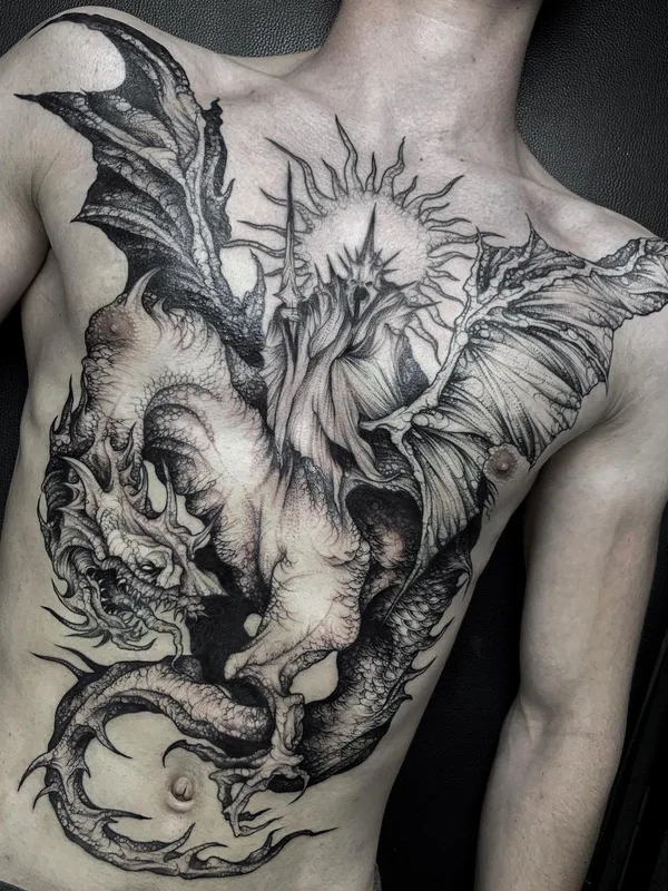 male black and grey blackwork 타투 부위 chest #46443 | 타투이스트 Лиза Могилкина