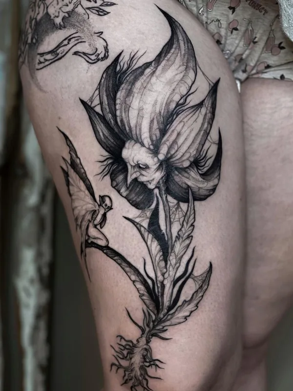 black and grey blackwork 타투 부위 thigh #46438 | 타투이스트 Лиза Могилкина