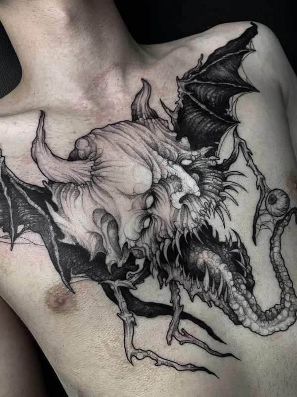 male black and grey blackwork 타투 부위 chest #46445 | 타투이스트 Лиза Могилкина