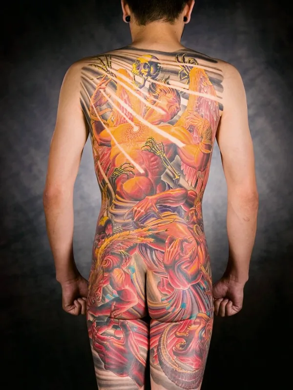 male color illustrative tattoo on full back #26495 | Tattoo Artist Adrian Lee