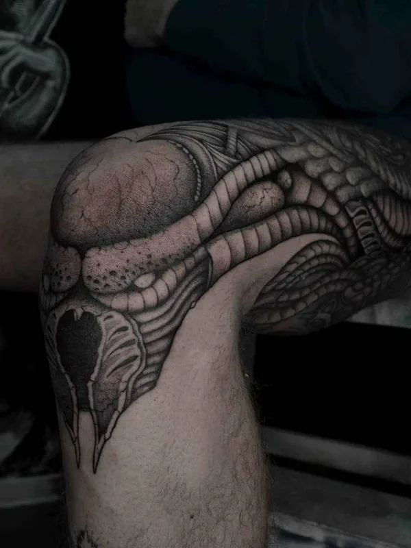 black and grey biomechanical tattoo on knee #19983 | Tattoo Artist Клим Шахнин