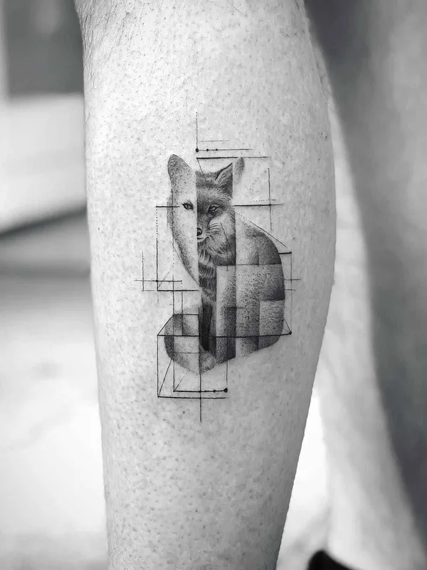 black and grey geometric tatouage sur calf #19834 | Artiste tatoueur John Monteiro