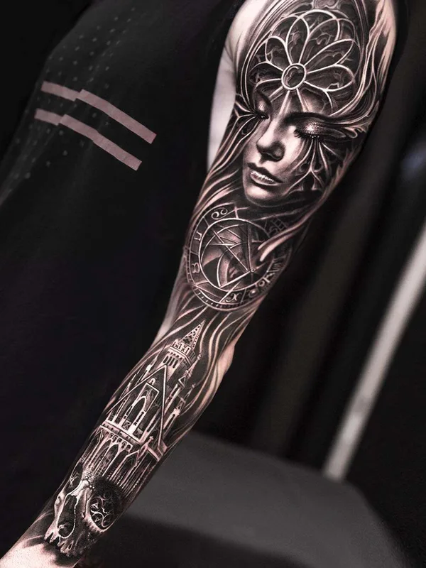 black and grey realism татуировка на full sleeve #22484 | Тату мастер Mumia