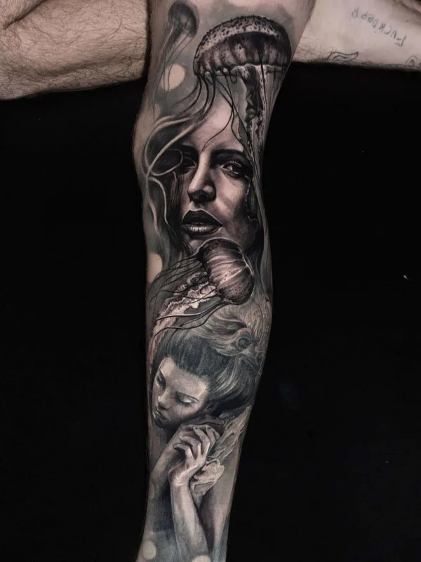 black and grey realism татуировка на full sleeve #21200 | Тату мастер Jayden Pengilly