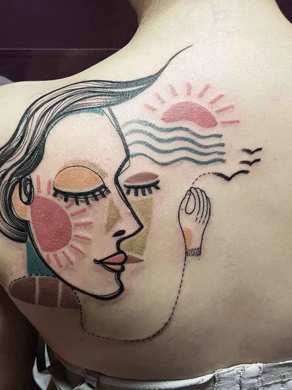 female color illustrative tattoo on upper back #20672 | Tattoo Artist Matteo Cascetti