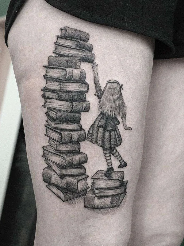 female black and grey illustrative tattoo on thigh #21069 | Tattoo Artist Sven Rayen