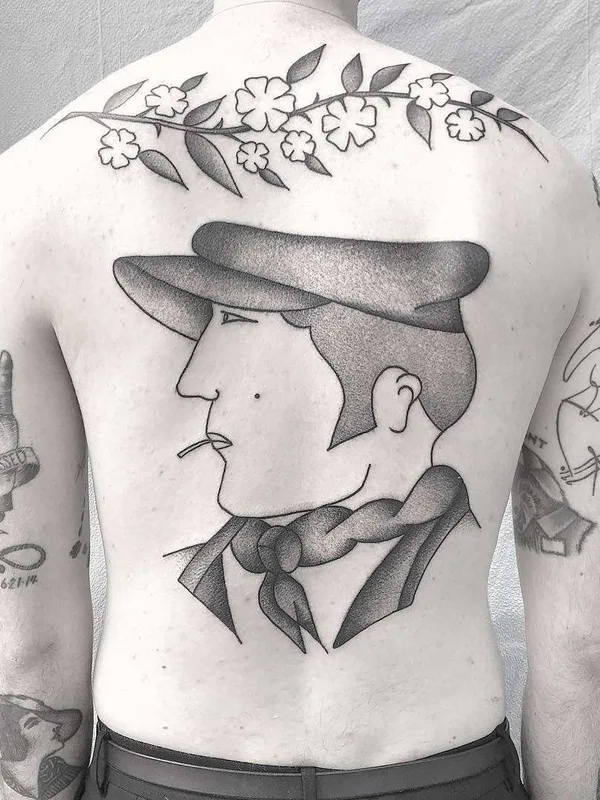black and grey linework tattoo on upper back #21417 | Tattoo Artist Caleb Kilby
